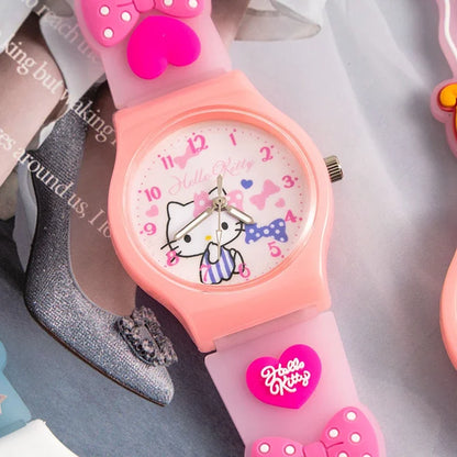 Sanrio 3D Pattern Children's Watch Cinnamoro Hello Kitty Waterproof Quartz Watch Kuromi Cartoon Silica Gel Watchband Kids