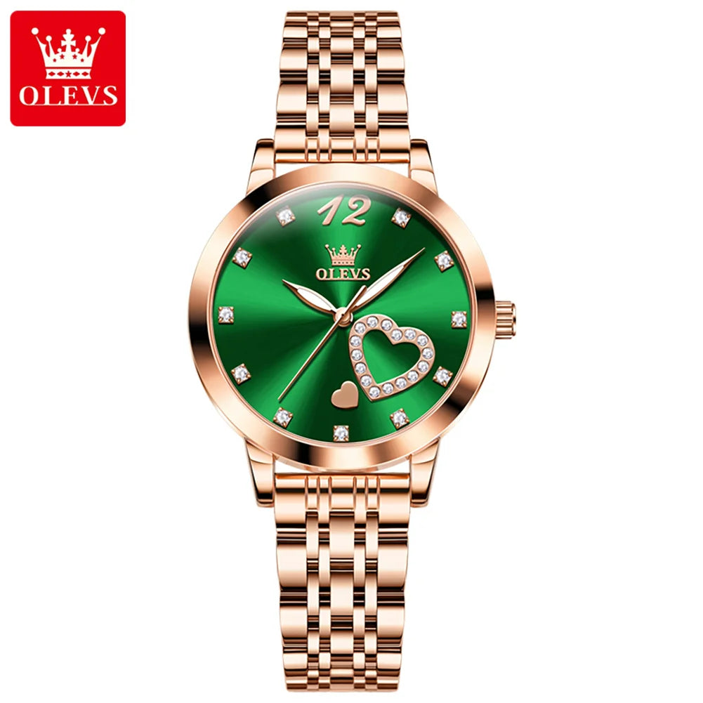 OLEVS 5189 Quartz Watch for Women Diamond Love Heart Design Fashion Elegant Rose Gold Mesh Steel Strap Waterproof Ladies Watches