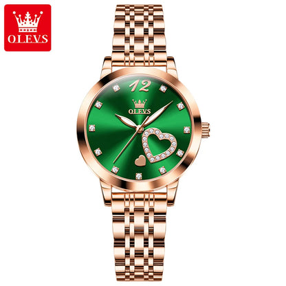 OLEVS 5189 Quartz Watch for Women Diamond Love Heart Design Fashion Elegant Rose Gold Mesh Steel Strap Waterproof Ladies Watches