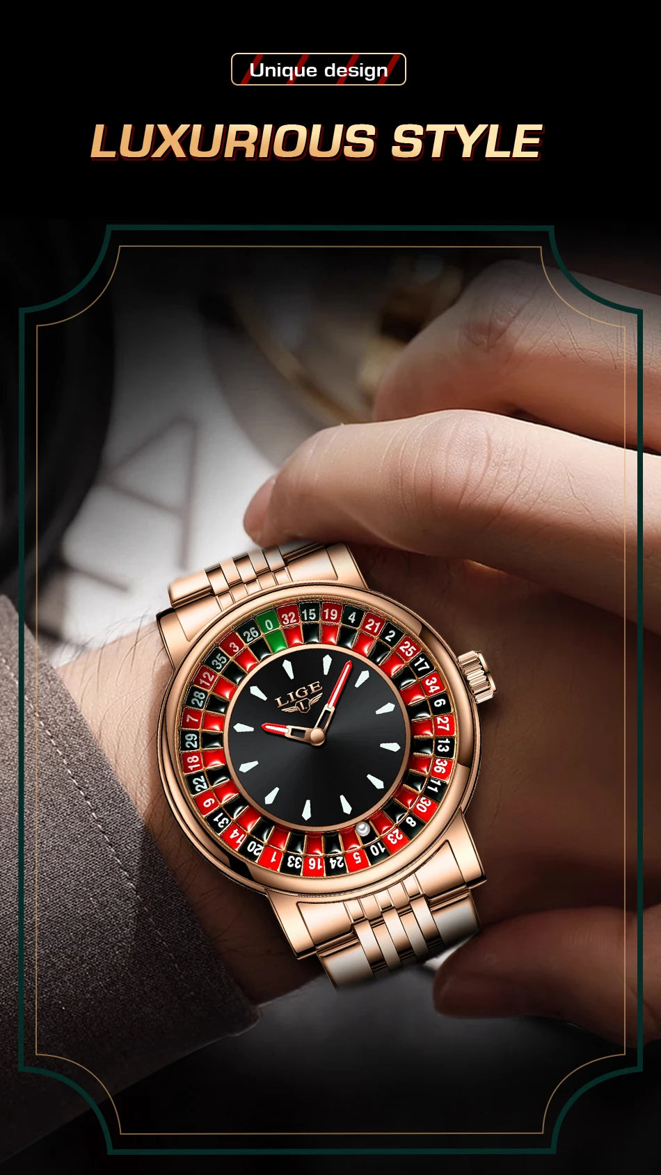 LIGE Quartz Man Watch Fashion Luxury Creative Roulette Game Dial Design Leather Casual Life Waterproof Watches for Men Gifts+Box