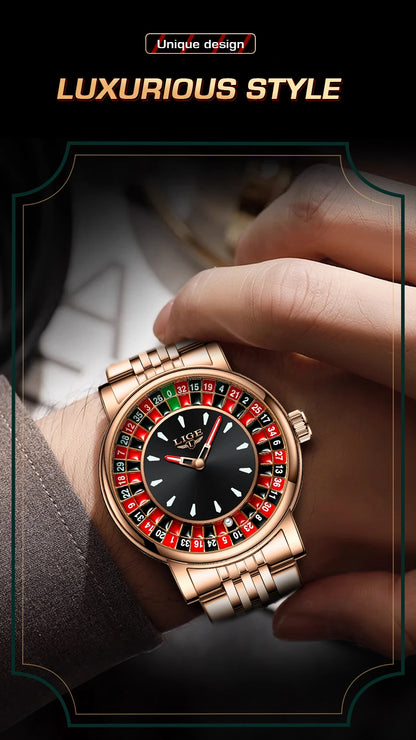 LIGE Quartz Man Watch Fashion Luxury Creative Roulette Game Dial Design Leather Casual Life Waterproof Watches for Men Gifts+Box