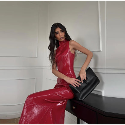 Sexy Turtleneck Leather Long Dresses 2026 Spring New Ladies Slim Sleeveless Bodycon Dress Women's Solid Nightclub Party Gowns