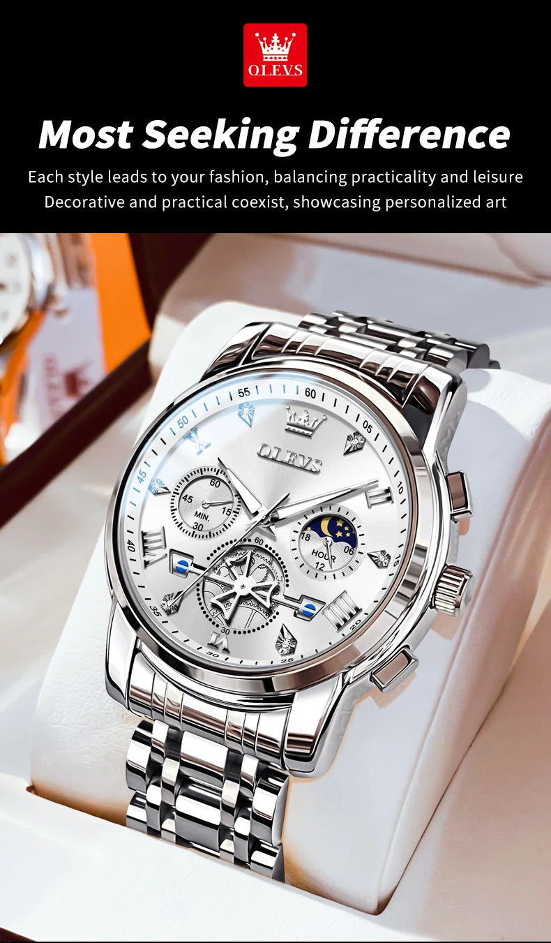OLEVS 2856 Original Watches Man Multifunctional Chronograph Quartz Watch Waterproof Luminous Moon Phase Watches For Man Reloj