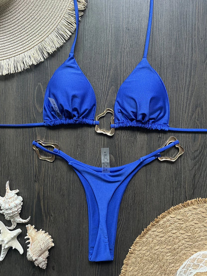 Sexy Solid Color Halter Lace-up Low Waist Bikini Set Women's Two Pieces Triangle Thong Swimsuit Bathing Suit Brazilian Biquinis
