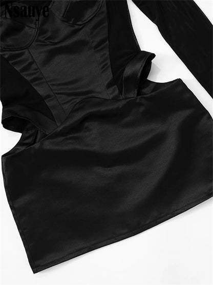 Nsauye Pullover Sexy Women Mesh Turtleneck Long Sleeve Satin Cut Out Dress Bodycon Short Club Evening Fashion Party Dress 2024