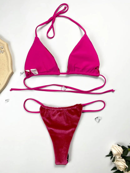 Sexy Velvet Swimsuit for Women, Micro Bikini Set, Thong Swim Suit, 2 Piece Bathing Suit for Ladies, Green String Bikini, 2022