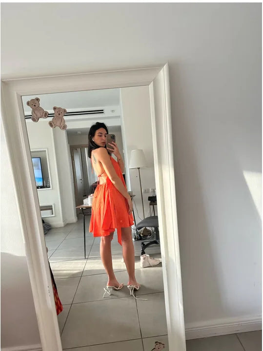 Women Summer Dress Solid Color Sling Spot Europe Sexy Deep V-neck Halter Loose A-line Woman Mini Dresses Vestidos MBR7108