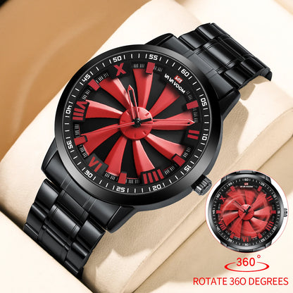 Sports Men Watch 43mm Red Rotating Dial Black Stainless Steel With Quartz Clock Simulation Car Hub 3Bar Daily Waterproof Watches
