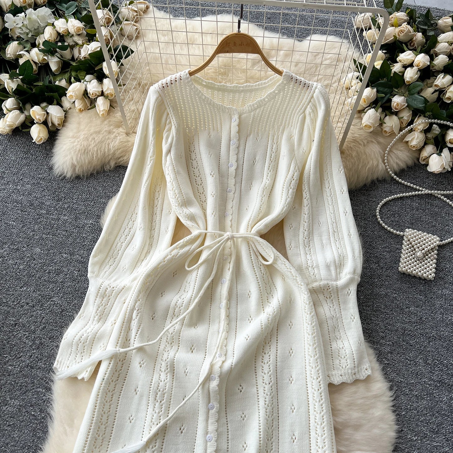 Women's Solid Single Breasted Hollow Out Knit Lace-up Dress Autumn Fashion Round Neck Elegant Festival Sweater Long Dresses 2024