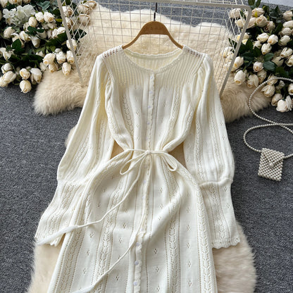 Women's Solid Single Breasted Hollow Out Knit Lace-up Dress Autumn Fashion Round Neck Elegant Festival Sweater Long Dresses 2024