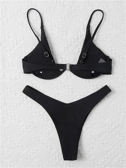 Sexy Underwire Bikini 2026 Mujer Women Solid Red Push Up Bra Thong Swimsuit Haler V Neck Bathing Suit Mini Micro Thong Swimwear