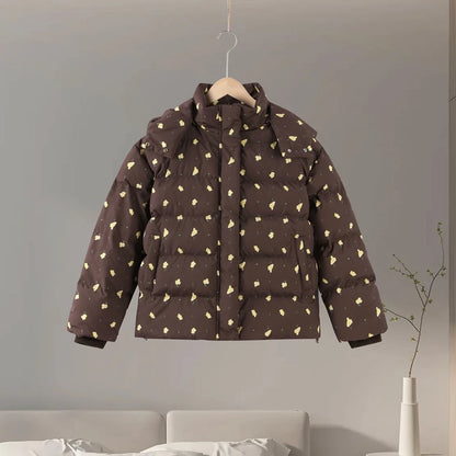 Printed Hooded Puffy Cotton Jacket Women Stand Collar Long Sleeve Zipper Loose Padded Coats 2025 Winter Lady Warm Outwear Street