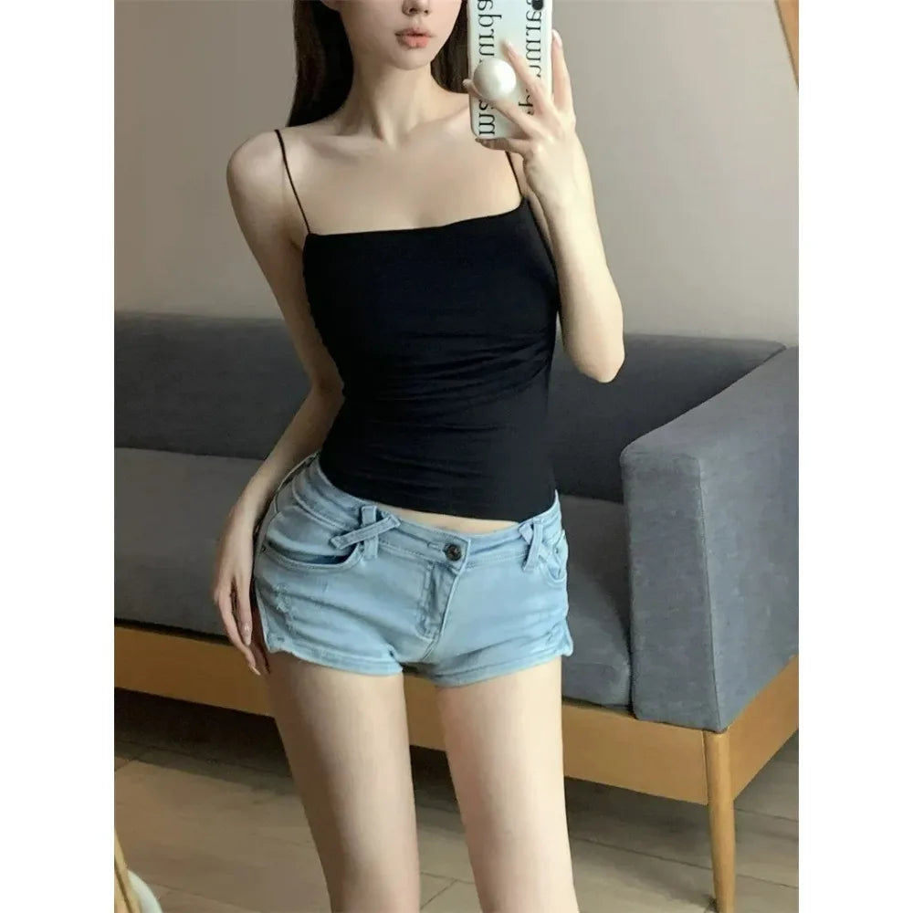 Sexy Short Top With Thin Straps Plain White Tank Top Korean Style Women's Sleeveless Top Tank Underwear Fitted Camisole