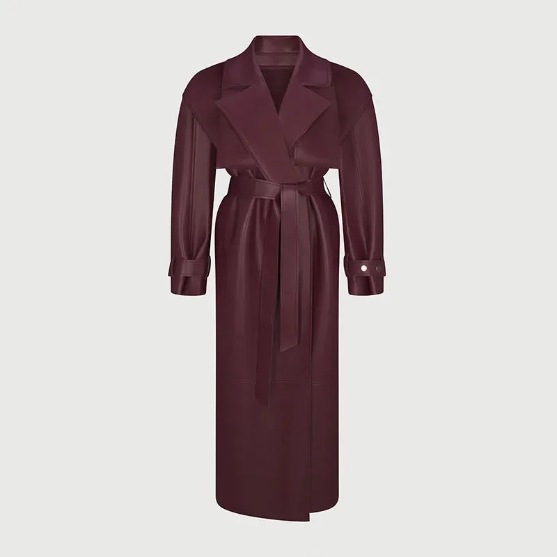 Street Pu Leather Women Long Coat Y2K Solid Belt Lapel Pocket Full Sleeve Female Jacket 2025 Autumn Winter Lady Outwear New