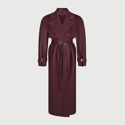 Street Pu Leather Women Long Coat Y2K Solid Belt Lapel Pocket Full Sleeve Female Jacket 2025 Autumn Winter Lady Outwear New