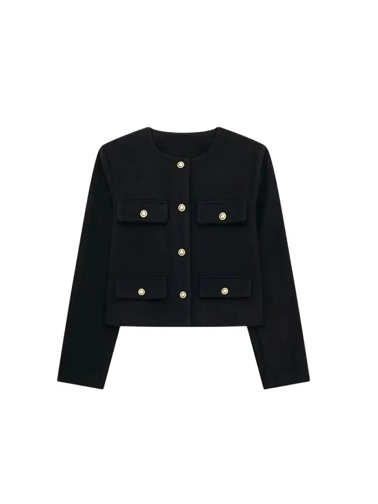 Women's Golden Button Jacket Coat, O Neck, Long Sleeve, Female Outerwear, Chic Tops, Fashion