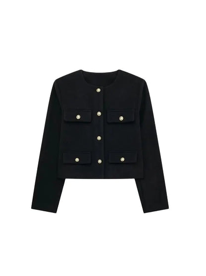 Women's Golden Button Jacket Coat, O Neck, Long Sleeve, Female Outerwear, Chic Tops, Fashion