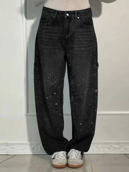 Chic Rhinestone Women's Jeans Y2k Street Oversize Loose Shining Female Wide Leg Pants 2025 Spring Summer Lady Denim Trousers