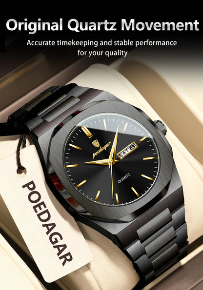 POEDAGAR Fashion Brand Man Clock Luminous Waterproof Stainless Steel Men's Watch Date Week Quartz Business Watches For Men Reloj