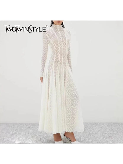 TWOTWINSTYLE Hollow Out Mesh Long Dress for Women Stand Collar Slimming Long Sleeve High Waist Chic Pleated Dresses Female New