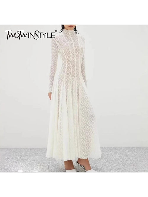 TWOTWINSTYLE Hollow Out Mesh Long Dress for Women Stand Collar Slimming Long Sleeve High Waist Chic Pleated Dresses Female New