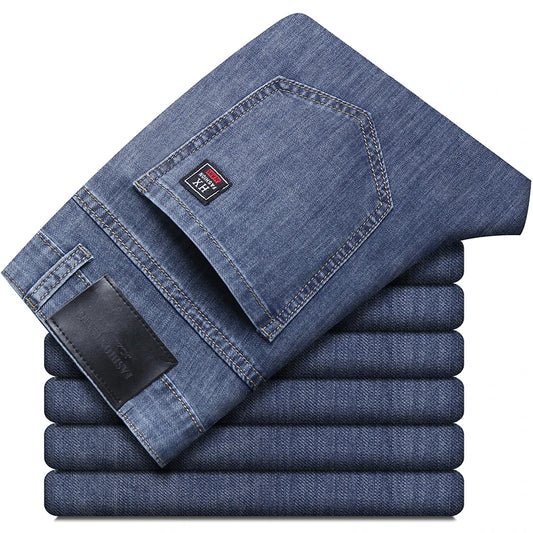 Summer New Elastic Men's Jeans Fashion Comfortable Business Straight Stretch Cotton Casual Denim Pants Brand Male Thin Trousers