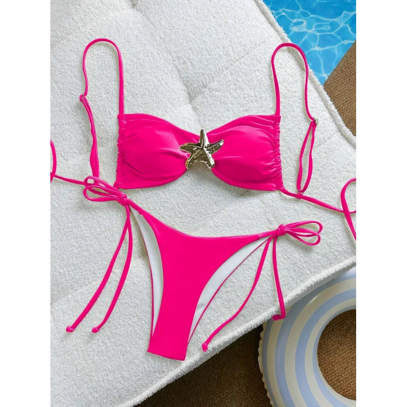 Sexy Solid Color Bikini Set Two Piece Swimsuit Pure Color Quick Dry Backless High Elasticity Nylon Fabric for Swimming And Wa...