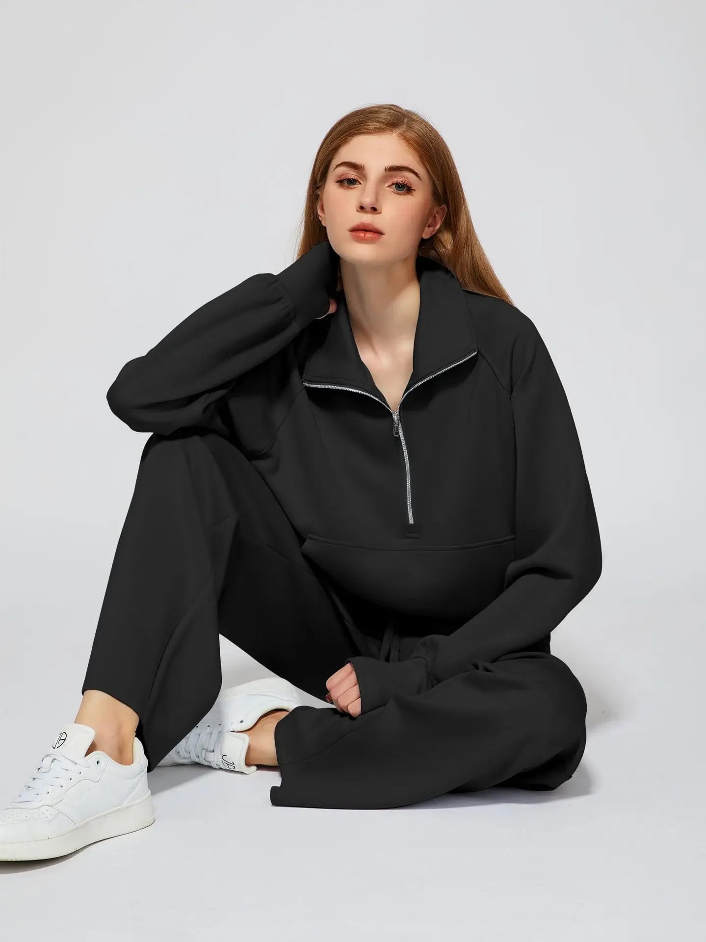Woman Solid Color Half Zip Long Sleeve Sweatshirt and Wide Leg Pants Set Casual Sporty Two Piece Outfit
