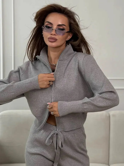 Blubelle Women's New Autumn Winter Zip Up Knit Set Trendy Slim Fit Cardigan Pants Chic Commuting Sweater Outfit