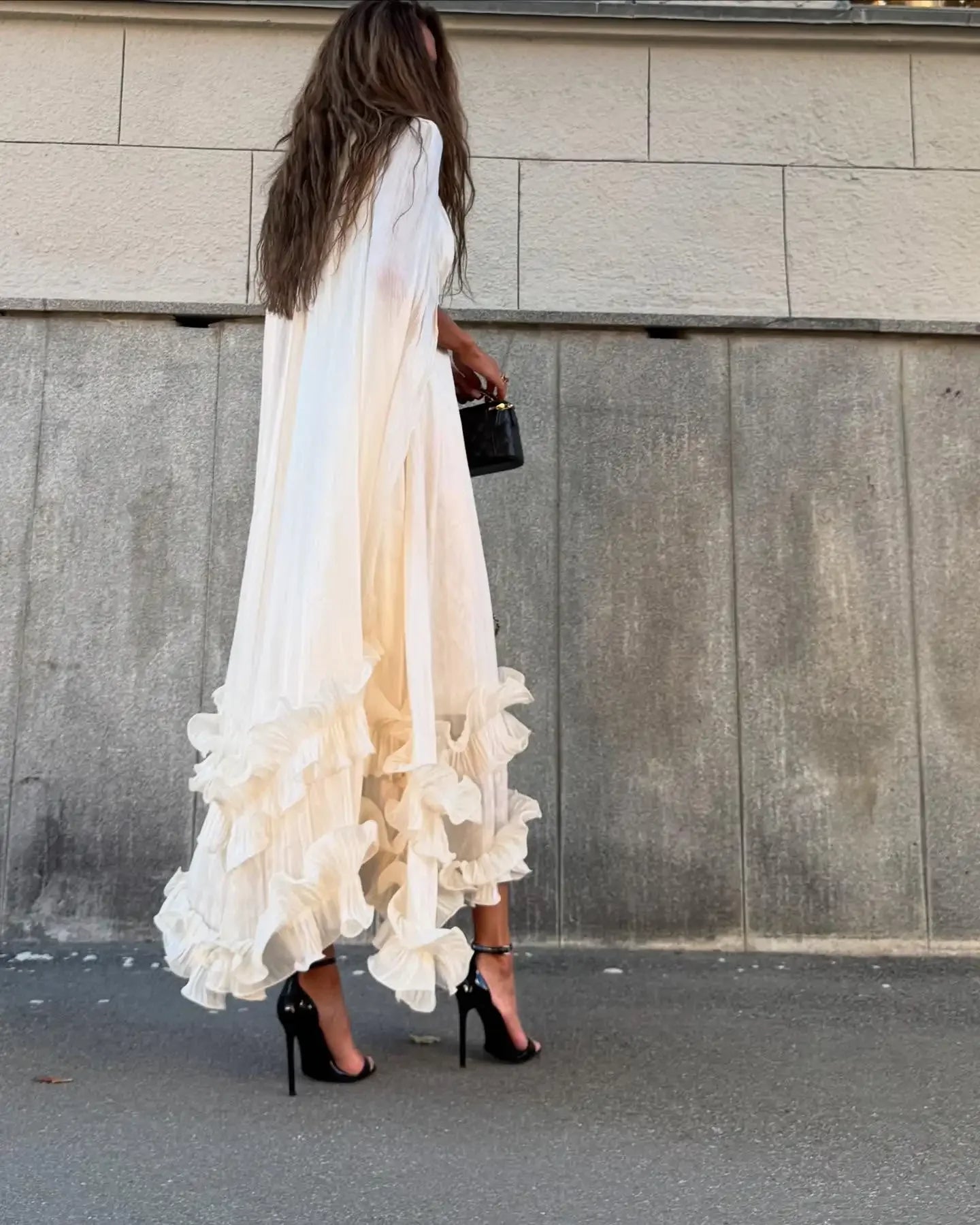 Elegant Ruffle V-neck Maxi Dress Women Chic Lapel Pleated Sleeveless High Waist Dresses Fashion 2025 Summer Lady Vacation Robes