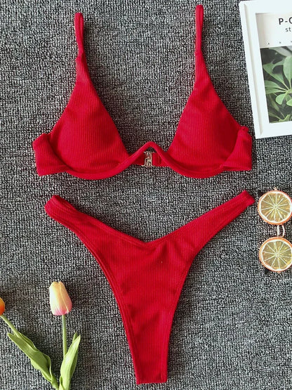 Sexy Neon V-bar Underwired Bikini 2025 Female Ribbed Swimsuit Women Thong Swimwear Two-pieces Bikini set Push up Bathing Suit