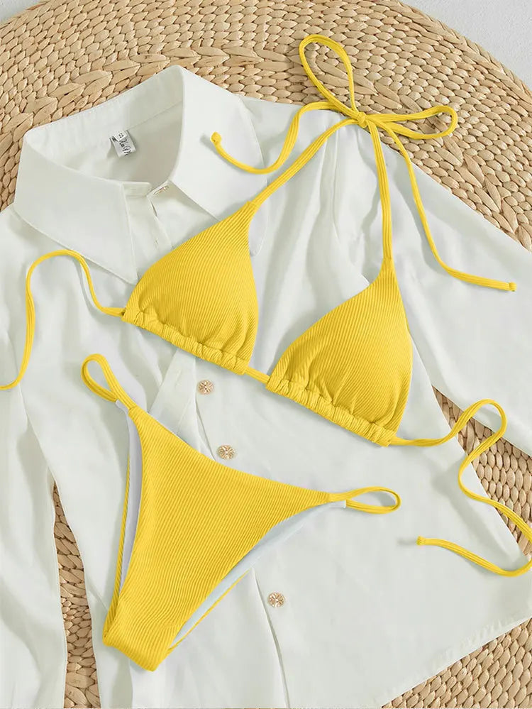 2025 Special Pit Stripe Fabric Bikini Set Women Sexy Simple Solid Halter Bikini Swimsuit High Waisted Lace Up Beach Bathing Suit