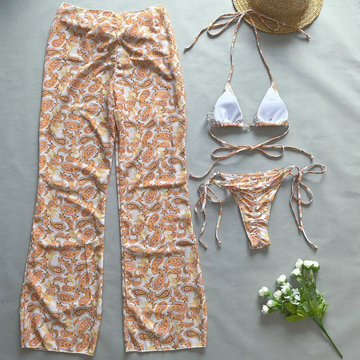 3 Pieces Sexy Bikini Push UP Bikini Set Women Swimsuit Female Swimwear 2024 Cover-Ups  Bathing Suit Beachwear Print Pants