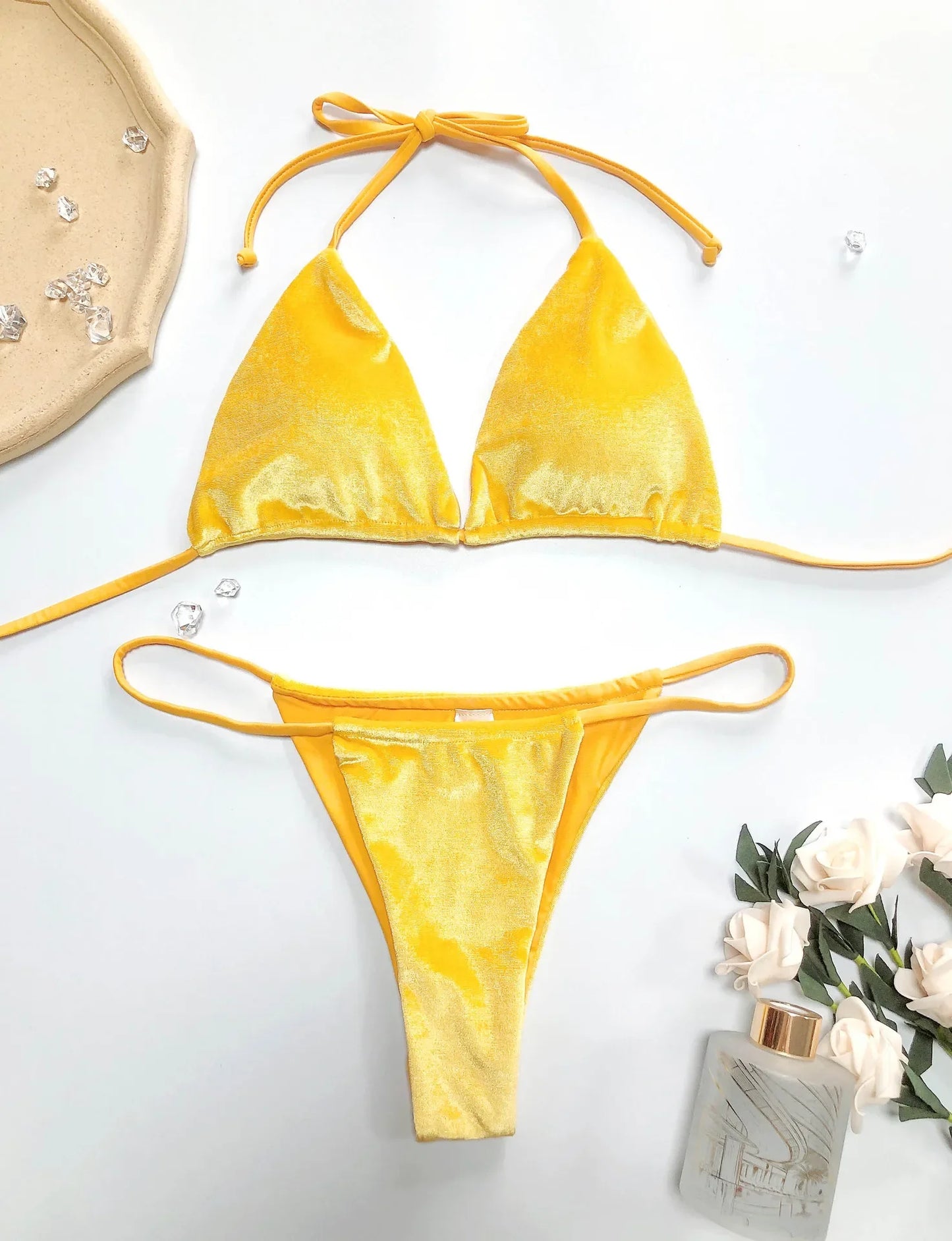 Sexy Velvet Swimsuit for Women, Micro Bikini Set, Thong Swim Suit, 2 Piece Bathing Suit for Ladies, Green String Bikini, 2022