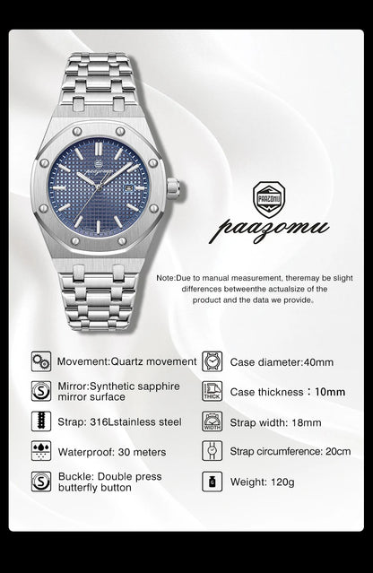 PAAZOMU Luxury Watches For Men Stainless Steel Waterproof Luminous Man Watch Date Week Fashion Casual Men's Quartz Watch Reloj