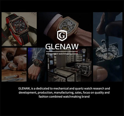 GLENAW Mechanical Watch for Men Breathable Leatherstainless Steel Automatic Skeleton Mens Watches Top Brand Luxury Reloj Hombre