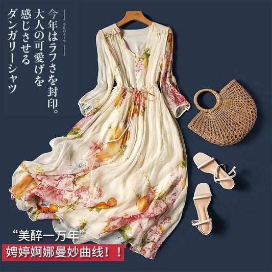 Limiguyue Summer Floral Print Silk Dresses Double Layers Ruffle Beaded Button A-Line Dress Elegant Chiffon Long Vestidos Z044