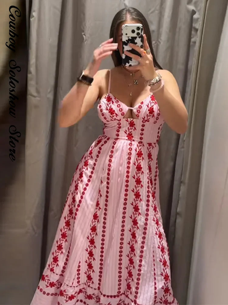 Printed Ruffle Top Skirt Set Women Slim Sling Sleeveless Backless Vest Straight Long Skirts 2025 Summer Elegant Sexy Lady Outfit