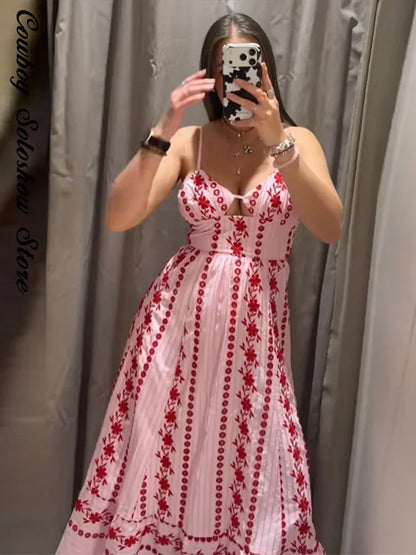 Printed Ruffle Top Skirt Set Women Slim Sling Sleeveless Backless Vest Straight Long Skirts 2025 Summer Elegant Sexy Lady Outfit