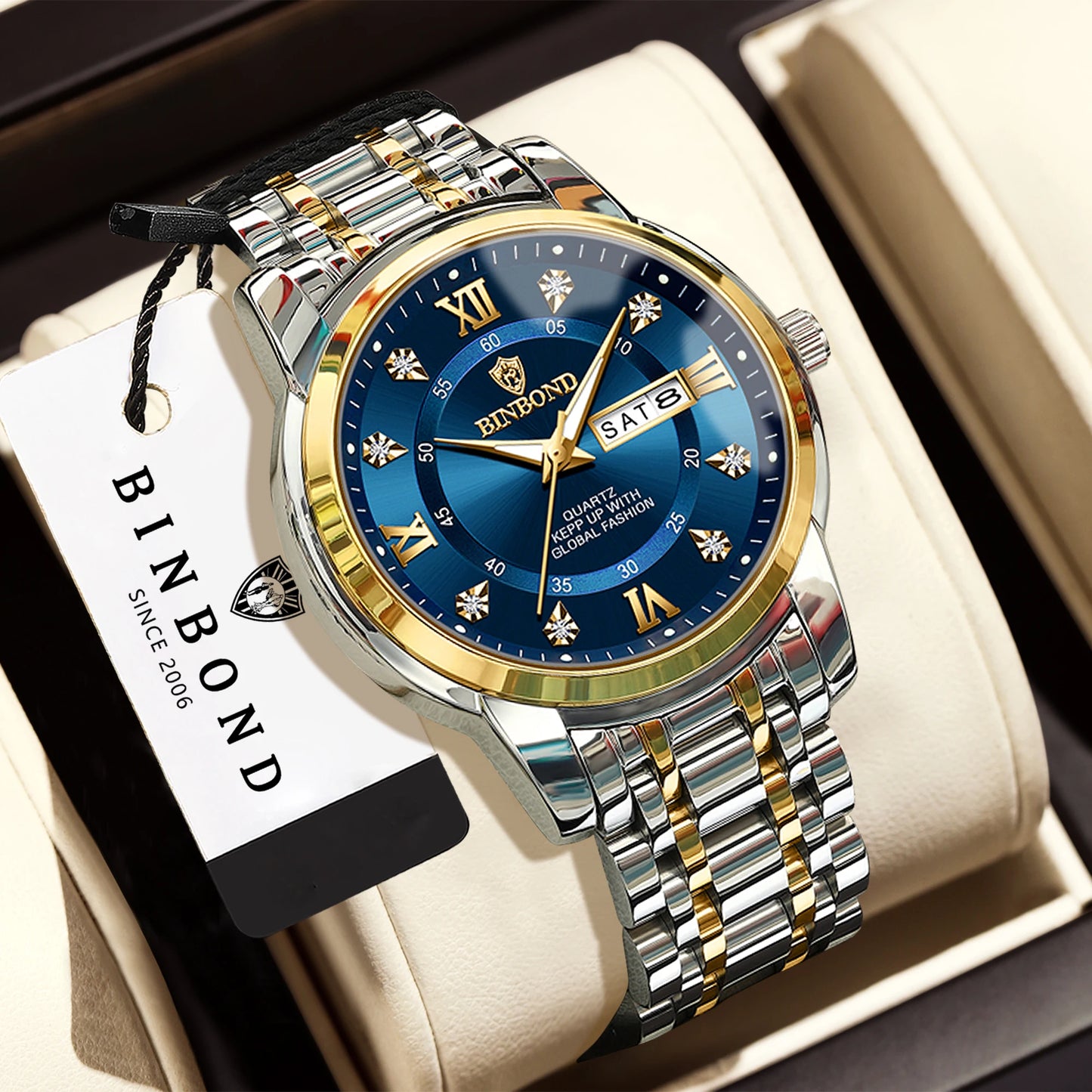 BINBOND Luxury quartz wristwatches luminous waterproof week auto date men's watch business sport clock fashion casual reloj