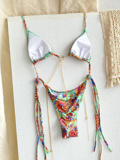 ZRTAK Micro Thongs Swimsuit Women Sexy Bikinis Bathing Suit Rings Biquini Bandage Beachwear Print Swimwear Sexy Bikini Sets