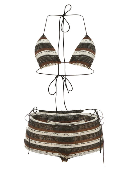 Weird Puss Ripped Tassel 3Piece Set Women Sexy Crochet Y2K Bandage Bra+Thong+Shorts Beach Vacation Midnight Club Party Swimsuit