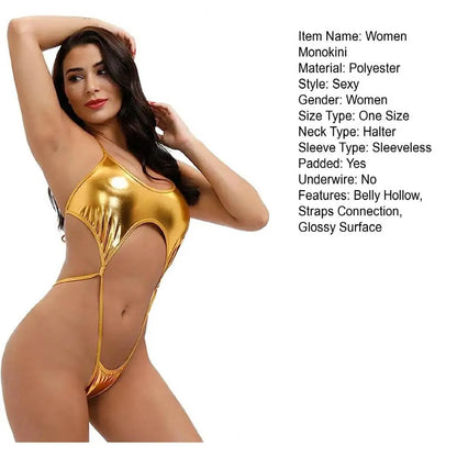 Sexy Halter Sleeveless Monokini Glossy Surface Straps Connection Backless Belly Hollow One-piece Bikini Swimsuit