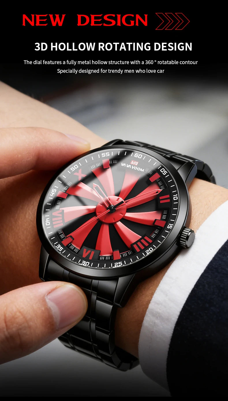 Sports Men Watch 43mm Red Rotating Dial Black Stainless Steel With Quartz Clock Simulation Car Hub 3Bar Daily Waterproof Watches
