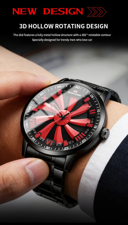 Sports Men Watch 43mm Red Rotating Dial Black Stainless Steel With Quartz Clock Simulation Car Hub 3Bar Daily Waterproof Watches