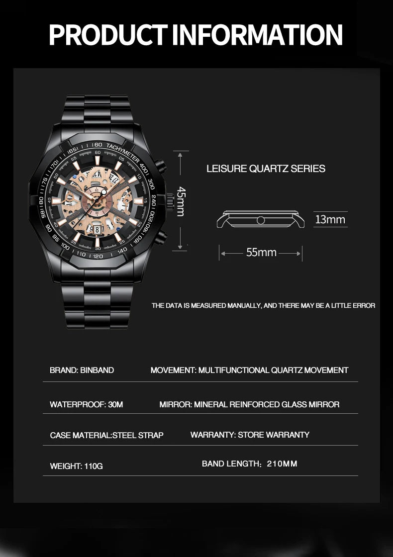 BINBOND S033 Luxury Hollow Non-Mechanical Business Quartz Men Watches 30M Waterproof Trendy Hollow Design Classics Men Watches