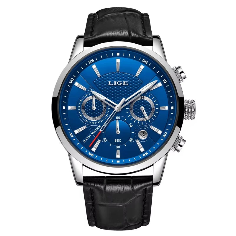 LIGE Mens Watches Luxury Waterproof Sport Man Watch Chronograph Military Genuine Leather Men Quartz Wristwatch Relogio Masculino