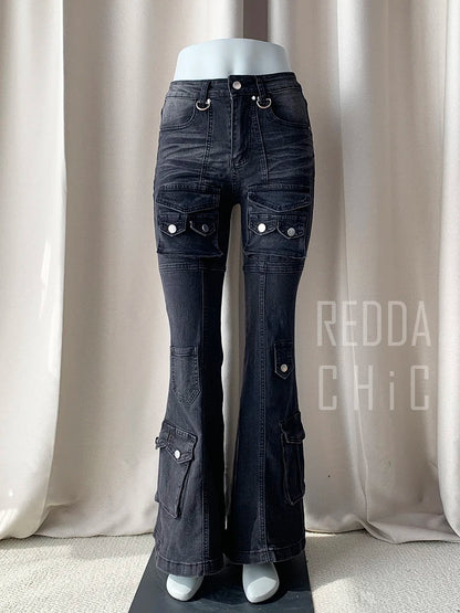 REDDACHiC Black Low Waist Cargo Jeans 2000s Distressed Whiskers Multi-pocket Stretch Bootcut Pants Women Retro Grunge Streetwear