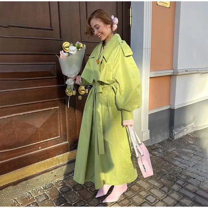 Women Green Lapel Trench Coat Fashion Belted Long Sleeve Loose Outerwear Chic 2025 New Autumn Street Travel Leisure Lady Outwear