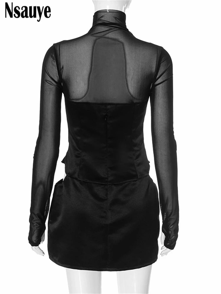 Nsauye Pullover Sexy Women Mesh Turtleneck Long Sleeve Satin Cut Out Dress Bodycon Short Club Evening Fashion Party Dress 2024